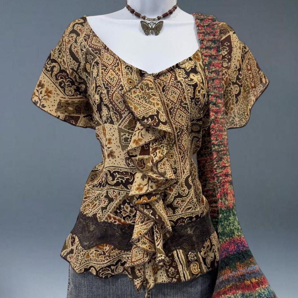 Y2K Fairycore Grunge Lace Paisley Ruffle Sheer Blouse Boho Hippie Size 12